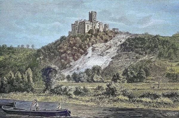 Burg Lahneck, is a medieval fortress in the town of Lahnstein in Rhineland-Palatinate, Germany, 19th century view, Historic, digitally restored reproduction from a 19th century original