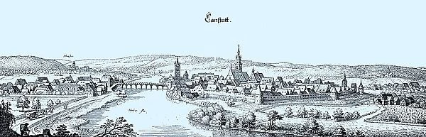 Canstatt, Bad Cannstatt in the Middle Ages, Stuttgart, Baden-Wuerttemberg, Germany, Historical, digital reproduction of an original from the 19th century