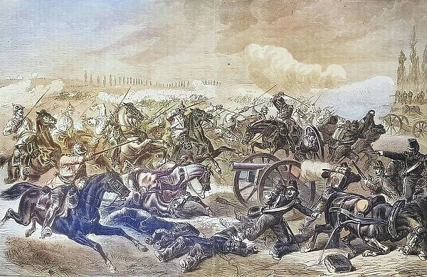 Capture of a French battery by the 7th Prussian Cuerassier Regiment at Mars-la-Tour, illustrated war chronicle 1870-1871, Franco-German campaign, Germany, France