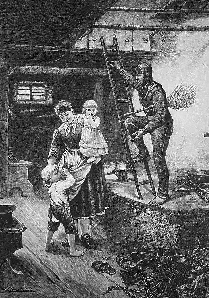 The chimney sweep is in the house, one of the children is afraid of the bogeyman, 1887, Germany, Historic, digital reproduction of an original 19th century painting, original date not known