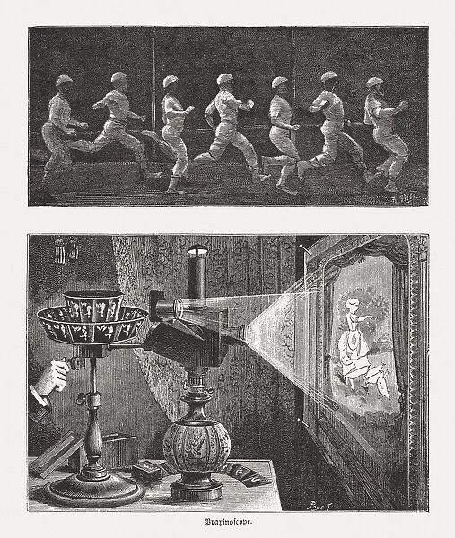 Chronophotograph (running man) a and Praxinoscope, wood engravings, published 1888