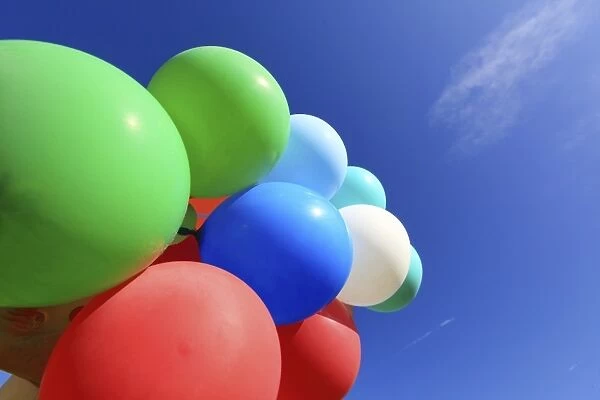 Many colourful balloons against a blue sky