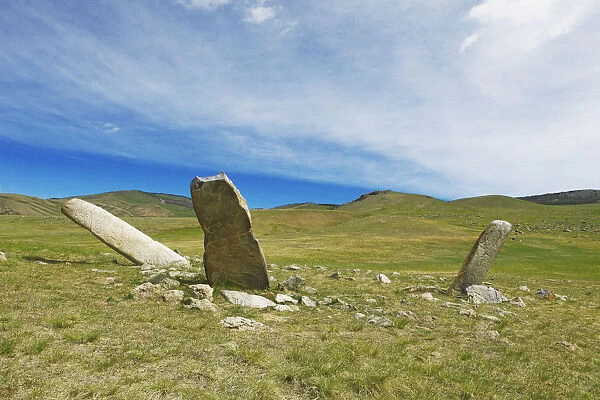 Deer stones, Stone Age burial sites, Hustai National Park, also Khustain Nuruu National Park, Southern Steppe, Ovorkhangai Province, Mongolia