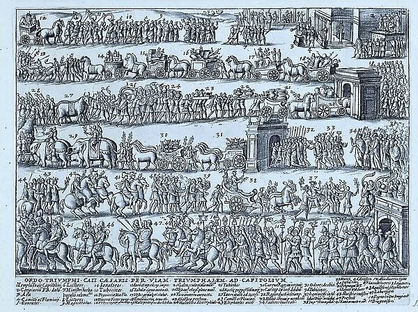 Depicted here is the procession during a Roman triumph. It shows the legions of cohorts at the end of the procession up to the Temple of Jupiter on Capitoline Hill, historical Rome, Italy, digital reproduction of a 17th century original