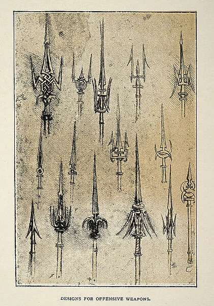 Designs for weapons, Spears, Halbards, after a drawing by Leonardo da Vinci, renaissance art