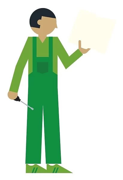 Digital illustration of man wearing green dungarees holding screwdriver