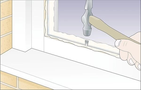 Digital Illustration of using hammer to tap glazing sprig in to putty surrounding new glass in window