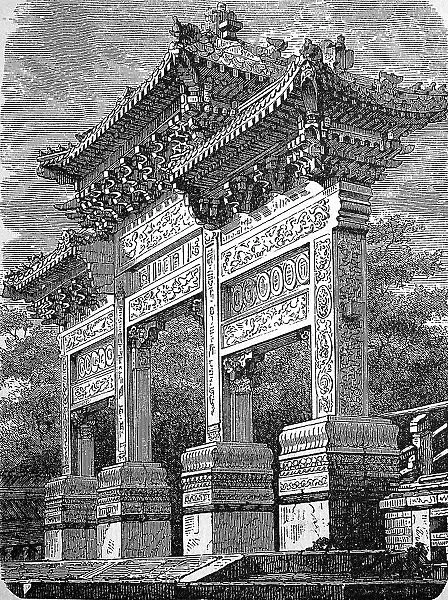 A Dragon Gate in Beijing, China, in 1880, Historic, digital reproduction of an original 19th century artwork