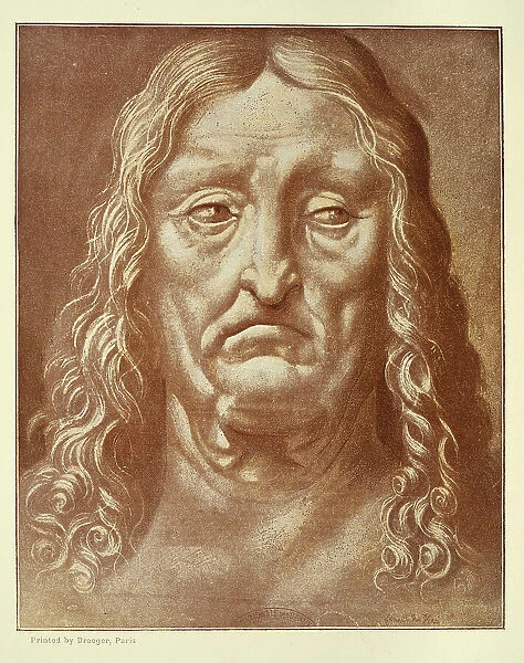 Drawing by Leonardo da Vinci, head of an old man, sad facial expression, renaissance art