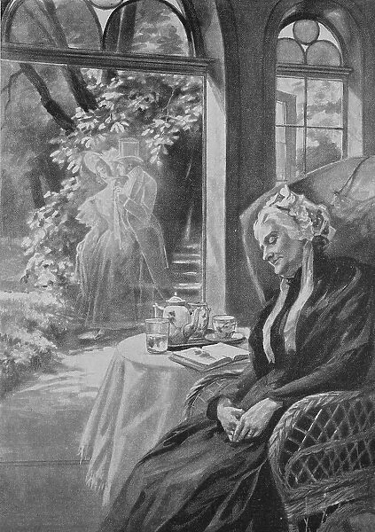 A dream, the elderly lady has fallen asleep in her wicker chair and is dreaming of the past, her wedding, 1878, Germany, Historical, digital reproduction of an original 19th century original, original date not known