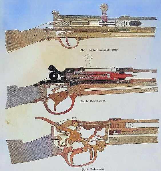 Dreyse needle-gun, Chassepot or fusil modele 1866 and a Werder rifle, illustrated war history, German, French war 1870-1871, Germany, France, Gewhre 1870, von oben Zuendnadelgewehr, Chassepotgewehr, Werdergewehr, illustrated war chronicle 1870, 1871