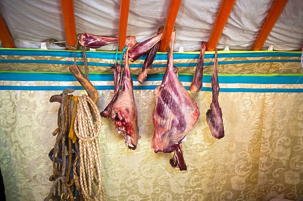 Drying meat inside of yurt at Orkhon Valley in centreal of Mongolia