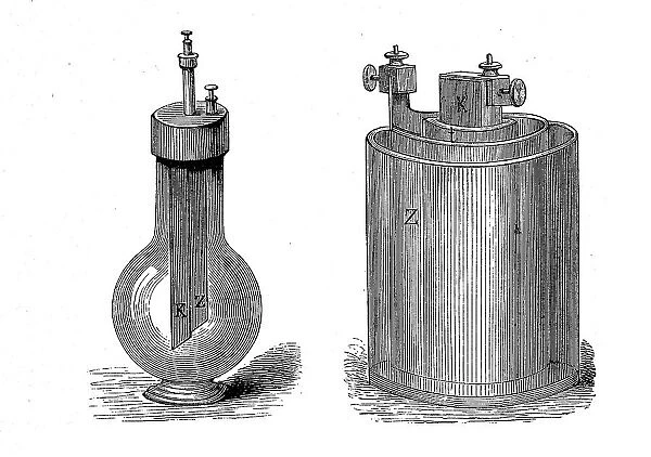 Electrical engineering, bottle element and Bunsen element, voltage source providing an electrical voltage of about 1, 9 V, Germany, 1876, Historic, digitally restored reproduction of an original 19th-century original