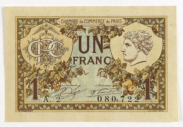 Emergency money, inflation, banknote of 1 franc from the Chamber of Commerce in Paris, 1920, France, Historical, digitally restored reproduction from a 19th century original