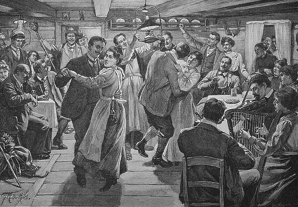 Evening entertainment in an inn in the Krkonose Mountains with dancing and music, Silesia, Germany, Poland, 1899, Historic, digital reproduction of a 19th century original, original date not known
