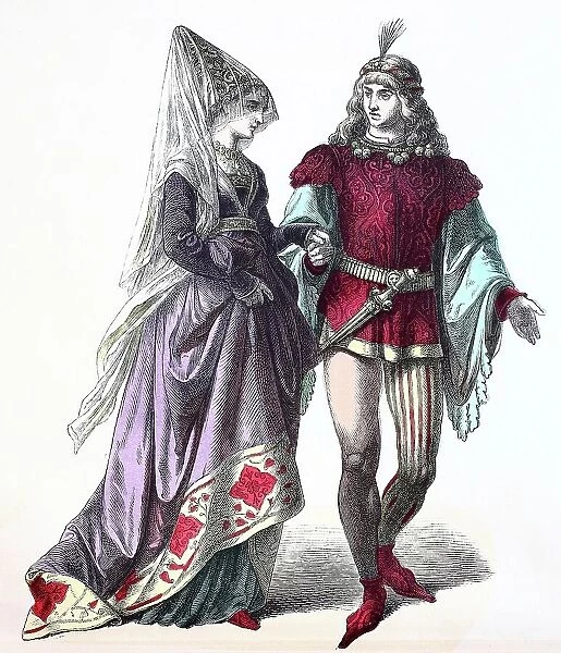 Folk traditional costume, Clothing, History of costumes, Burgundian court costume, France, 1450-1500, Historical, digitally restored reproduction of a 19th century original
