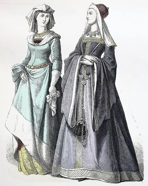 Folk traditional costume, clothing, history of costumes, German noble ladies, 1400-1450, Germany, historical, digitally restored reproduction of a 19th century original