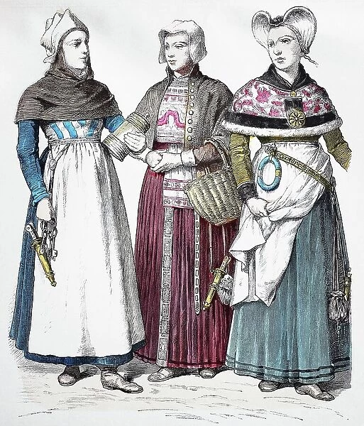 Folk traditional costume, Clothing, History of costumes, Woman from Upford Denmark, Woman from Ditmarschen, Woman from Enderstedt, Germany, 1600-1630, Historical, digitally restored reproduction of a 19th century original