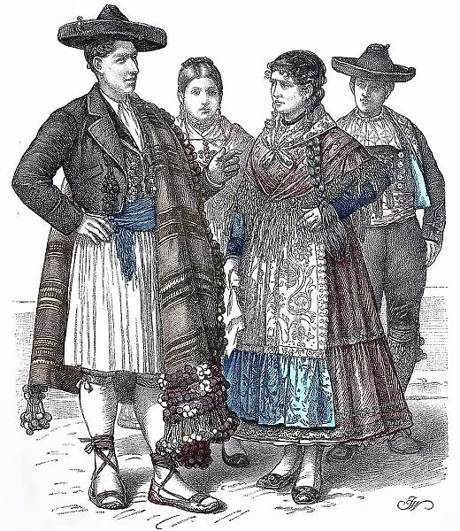 Folk traditional costume, Clothing, History of costumes, Costume from Alicante and Zamora, Spain, 1850, Historical, digitally restored reproduction of a 19th century original