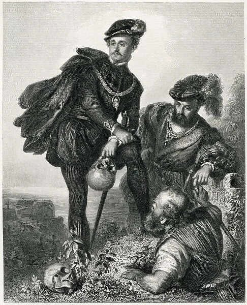Hamlet. Engraving From 1876 Of Hamlet, Horatio, The Grave-Digger And The Skull Of Yorick