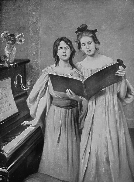 Historic, digital reproduction of an original 19th century print, original date unknownHouse music, two woman with piano and songbook singing, 1880, Germany