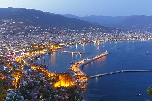 Historic town centre of Alanya with the port and Kizil Kule or Red Tower, view from Castle Hill, Alanya, Turkish Riviera, Province of Antalya, Mediterranean Region, Turkey