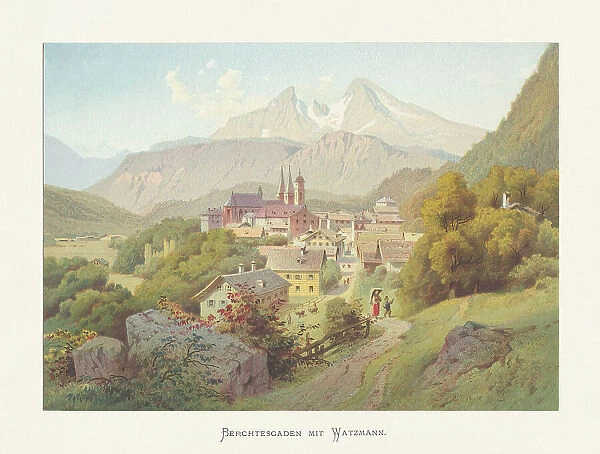 Historical view of Berchtesgaden, Bavarian Alps, Germany, chromolithograph, published ca. 1874