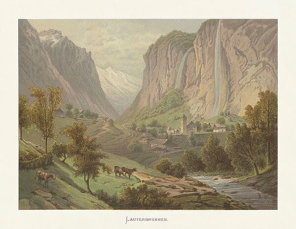 Historical view of Lauterbrunnen, Bernese Oberland, Switzerland, chromolithograph, published ca. 1872