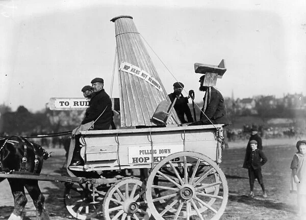 Hop Kilns. 16th April 1908: Hop-pickers drive their cart to a demonstration at Maidstone