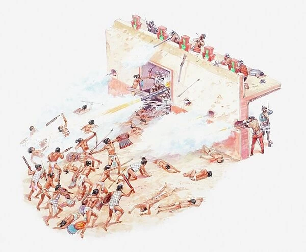 Illustration of Aztecs attacking the Spaniards at palace of Moctezuma
