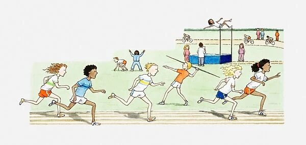 Illustration of children competing in various disciplines at sports event