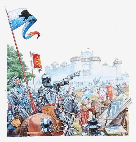 Illustration of medieval castle under attack by enemy, men in full armour and their horses in the foreground
