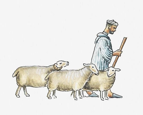 Illustration of a shepherd and three sheep