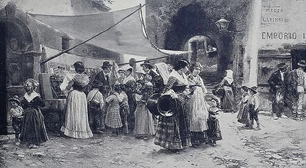 Italian Street Vendor, Italy, Historic, digital reproduction of an original 19th century painting