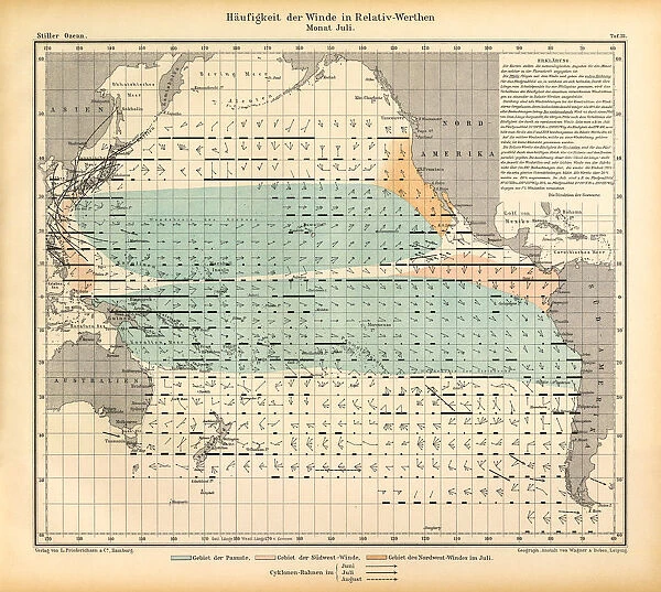 July Frequency of Winds in Relative Values Chart, Pacific Ocean, German Antique Victorian Engraving, 1896