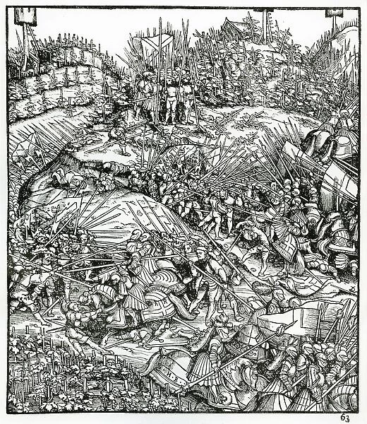 Lansquenets in battle, copper engraving, from book by Baader 1650, depicting the peasant uprisings, Germany