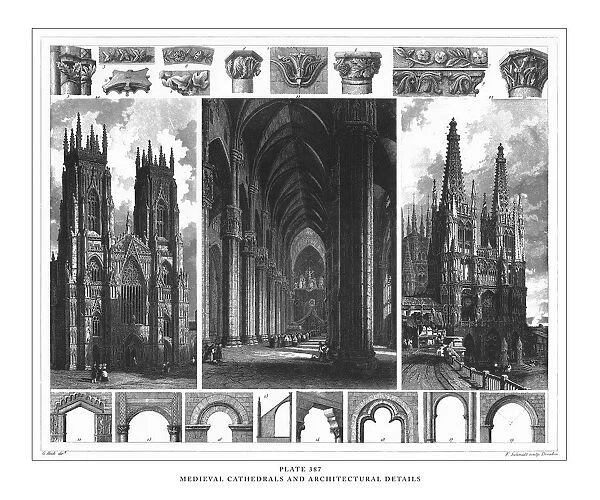 Medieval Cathedrals and Architectural Details Engraving Antique Illustration