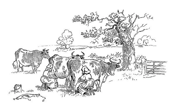 Two milkmaids milking cows in a field