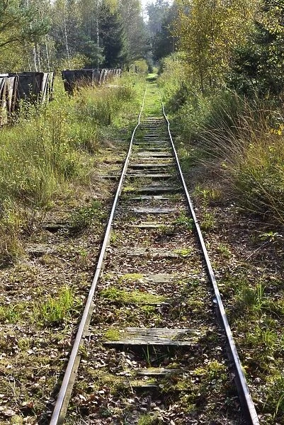 Narrow gauge railway tracks, former peat railway, Nicklheim, Upper Bavaria, Bavaria, Germany