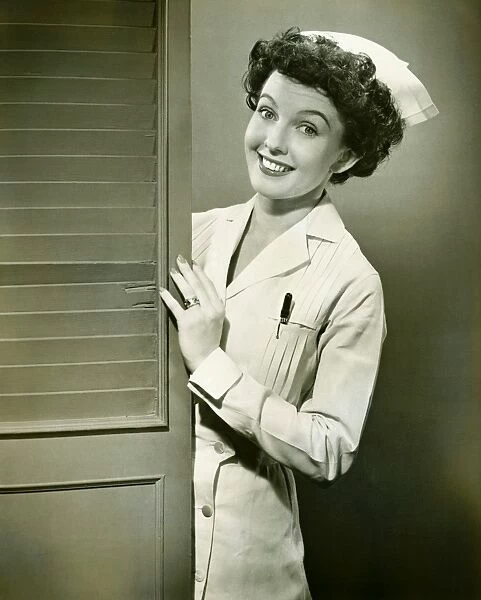 Nurse peeping trough opened doors, (B&W)