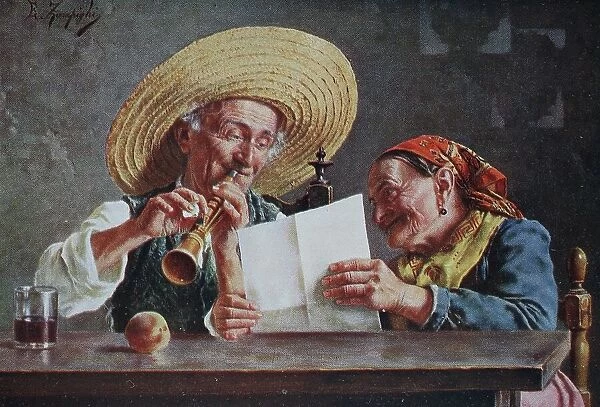 An old couple making music at home, he playing the flute and his woman holding the notes, 1880, Spain, Historic, digitally restored reproduction of an original 19th-century painting