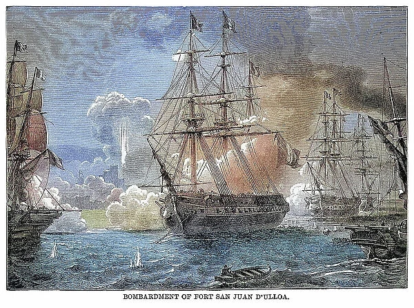 Old illustration of bombardment of Fort San Juan D'ulloa - the Battle of Veracruz or Battle of San Juan de Ulua