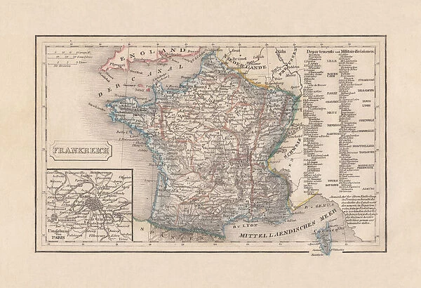 Old map of France, steel engraving, published in 1857