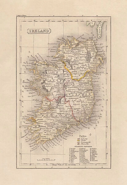 Old map of Ireland, steel engraving, published 1857