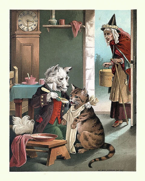Old Mother Hubbard, nursery rhyme, The dog was feeding the cat