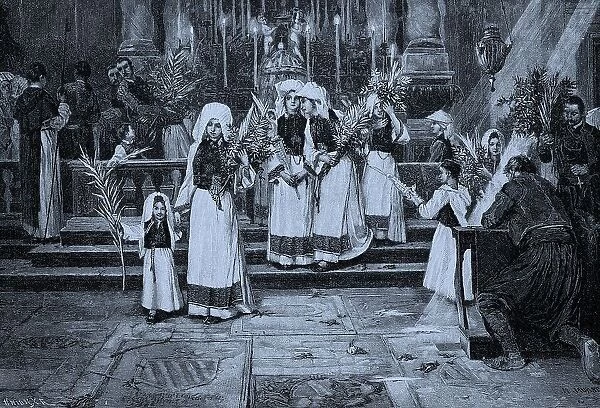 Palm Sunday in Ragusa, Italy, 1876, Historic, digital reproduction of an original 19th-century artwork, original date unknown