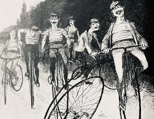 Penny farthing bicyclists on tour, having fun