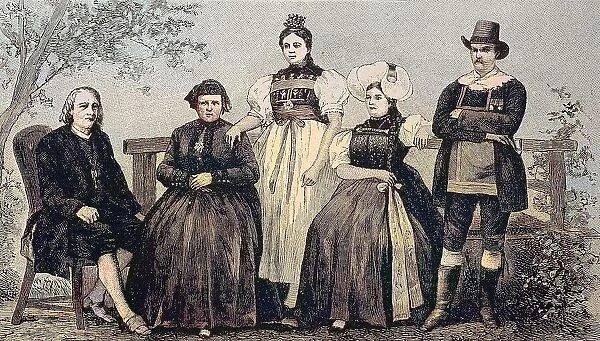 People from the Black Forest in their folk costumes, 1870, Germany, digitally restored reproduction of an original 19th century painting, exact original date unknown