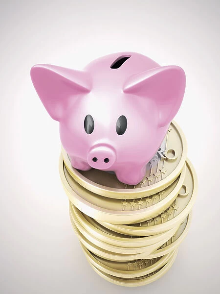 Piggy bank on a pile of euro coins, 3D illustration