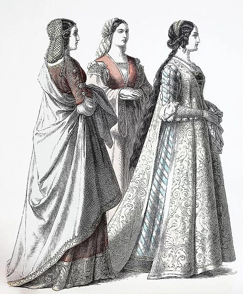 Popular traditional costume, Clothing, History of costumes, Florentine nobles, Florentines, Italy, 1400-1450, Historical, Digitally restored reproduction of a 19th century original